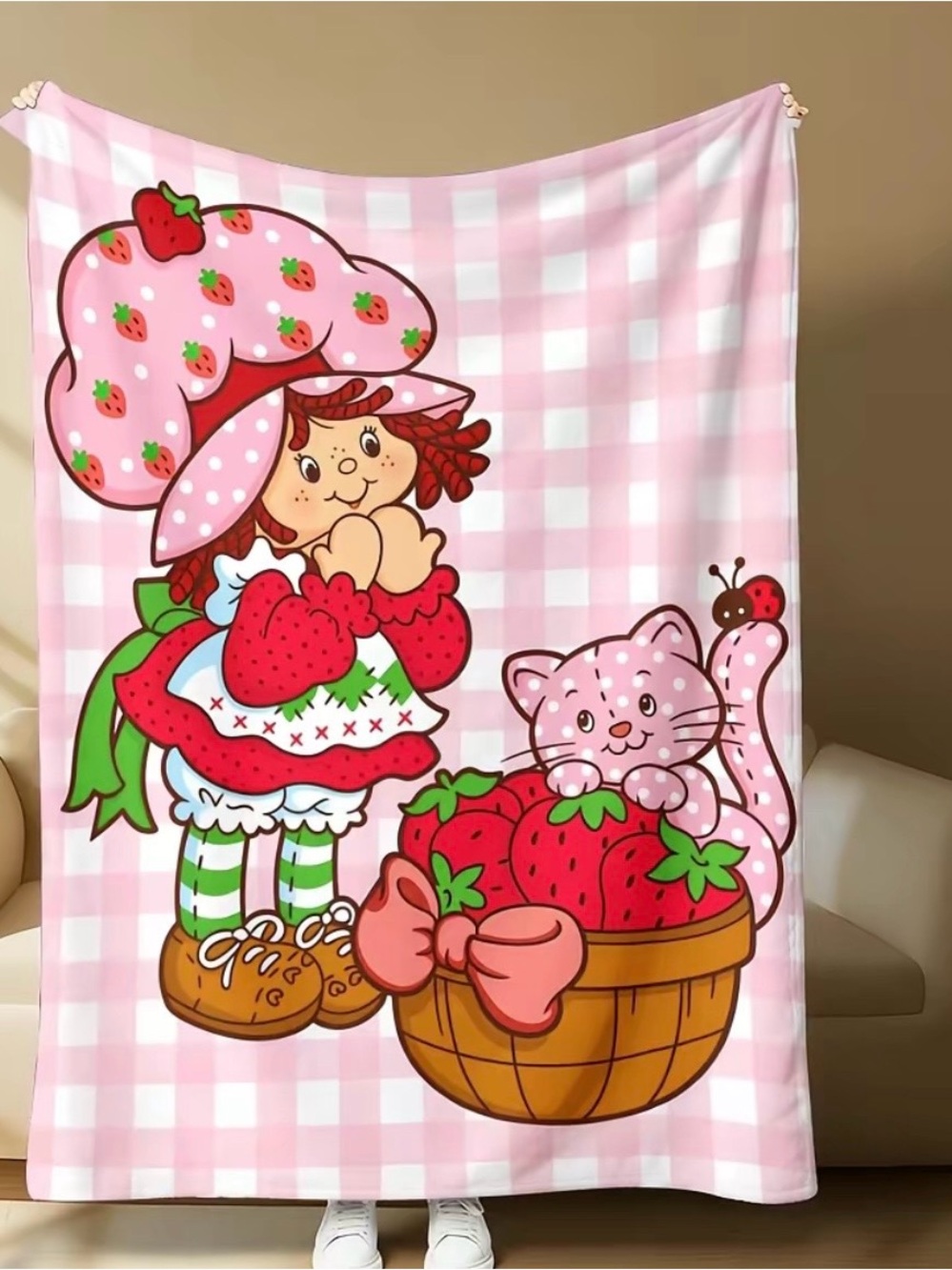 Strawberry Girl Pink Gingham Throw Blanket 60”x80”